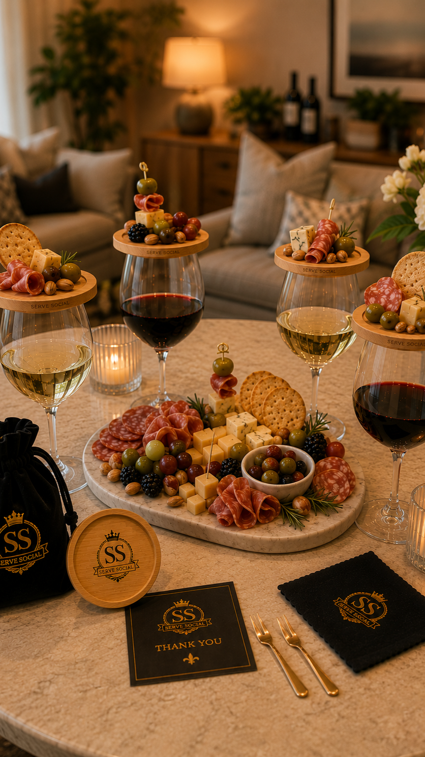 A gift set on a hotel room table, including a white and a black Hyatt Regency bag, a glass of red wine with gold and red foil-wrapped chocolates on top, a small wooden coaster with the Hyatt Regency logo, a gold fork and spoon, and an informational card about hospitality gestures. The hotel room has a large bed, bedside lamp, mirror, curtains, and city view through the window.