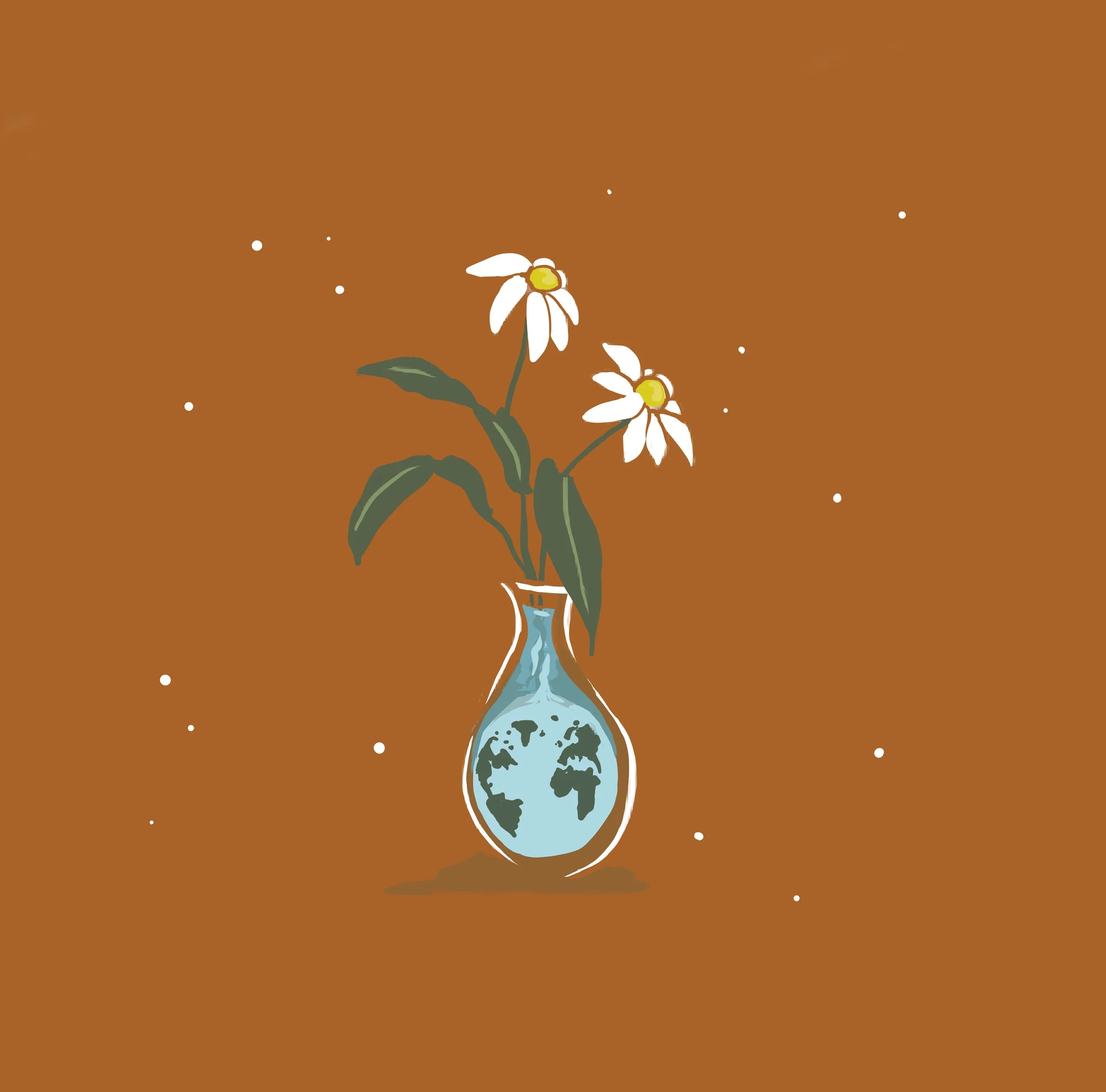 Hand-drawn illustration of a vase with white flowers and green leaves against a brown background with white dots.