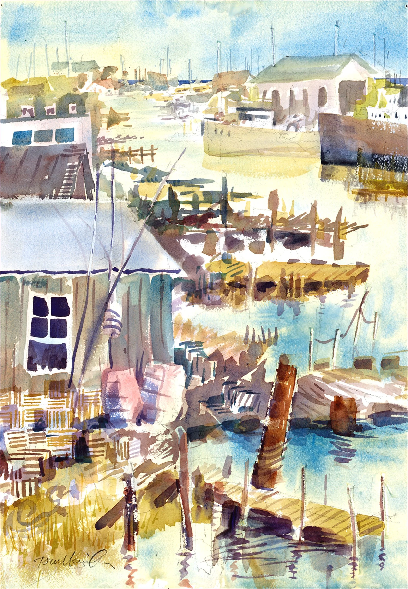  Menemsha 
 Watercolor by Tom Menihan  
15” X 22”  
Availability: Sold. Some Giclee prints available.   