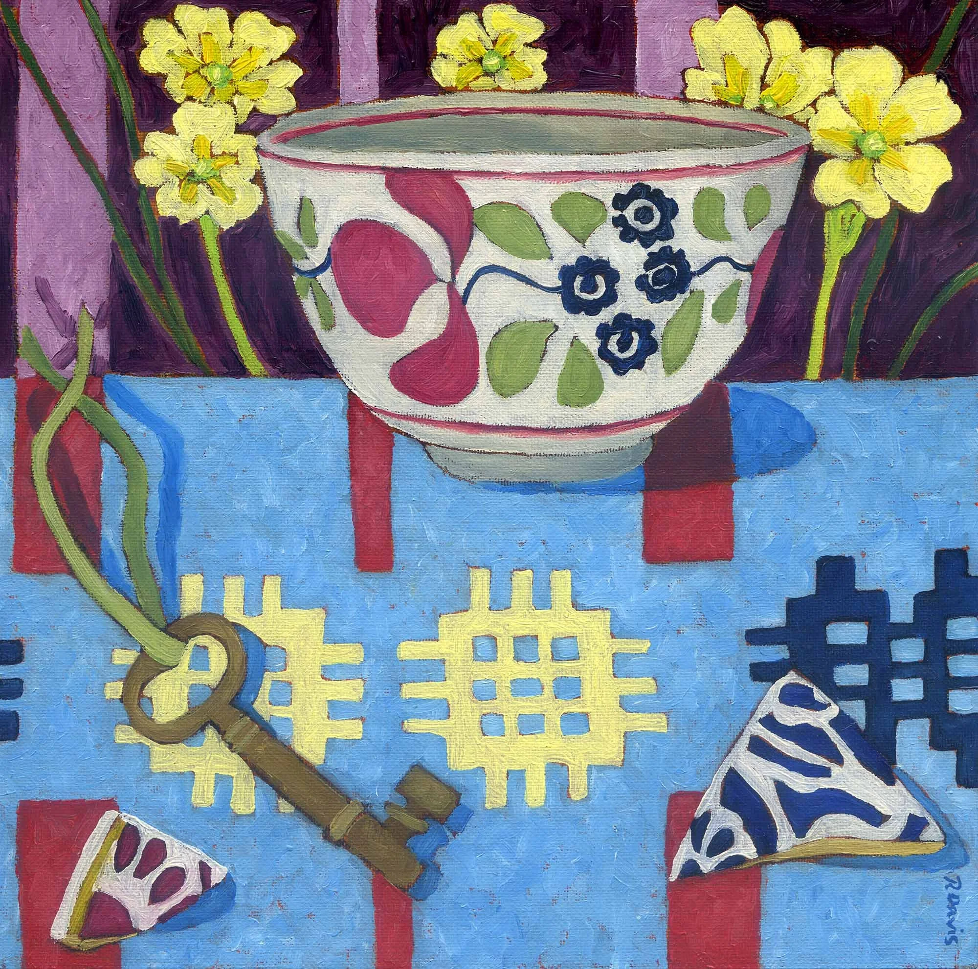 Bowl with Primroses – 20cm x 20cm – Oil on Canvas Board