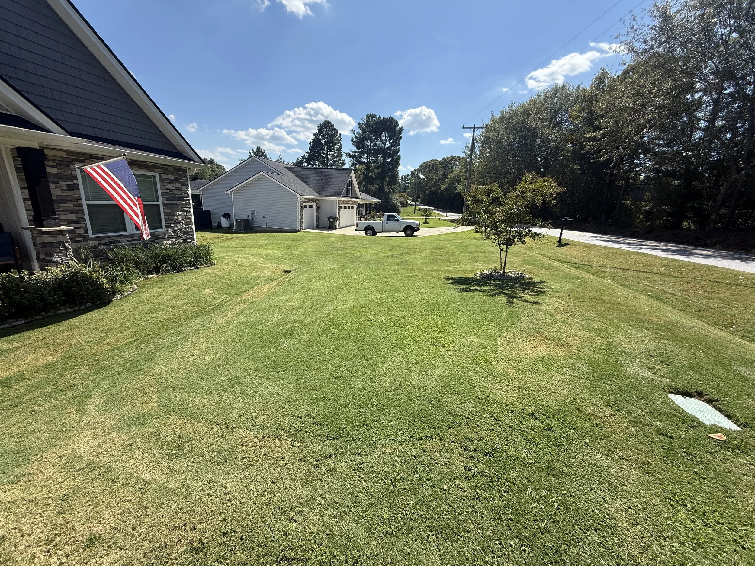 A suburban neighborhood with a well-maintained lawn, houses, trees, and a clear blue sky with some clouds.