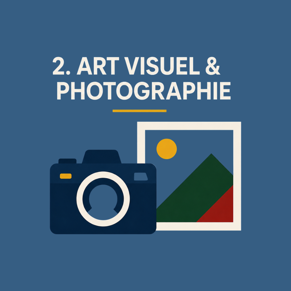 Couverture de chapitre avec texte '2. ART VISUEL & PHOTOGRAPHIE' et illustration d'un appareil photo et d'une photo avec un soleil, une montagne verte et une zone rouge, sur fond bleu.