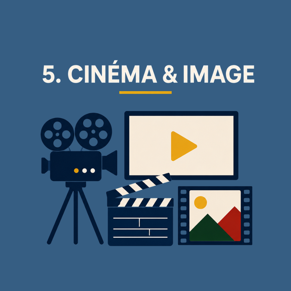 Illustration de matériel cinématographique et d'une vidéo, avec une caméra, un clap, un écran de lecture, une bobine de film et une image.