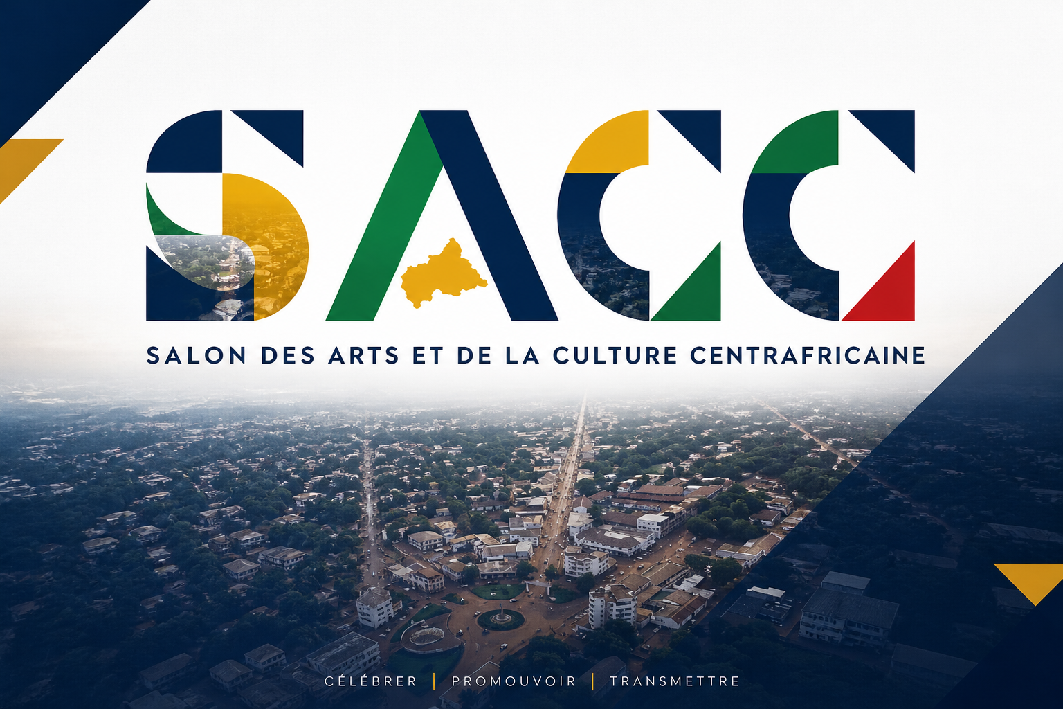 Affiche du salon des arts et de la culture en Centrafrique, avec un logo coloré et une vue aérienne de la ville de Bangui.