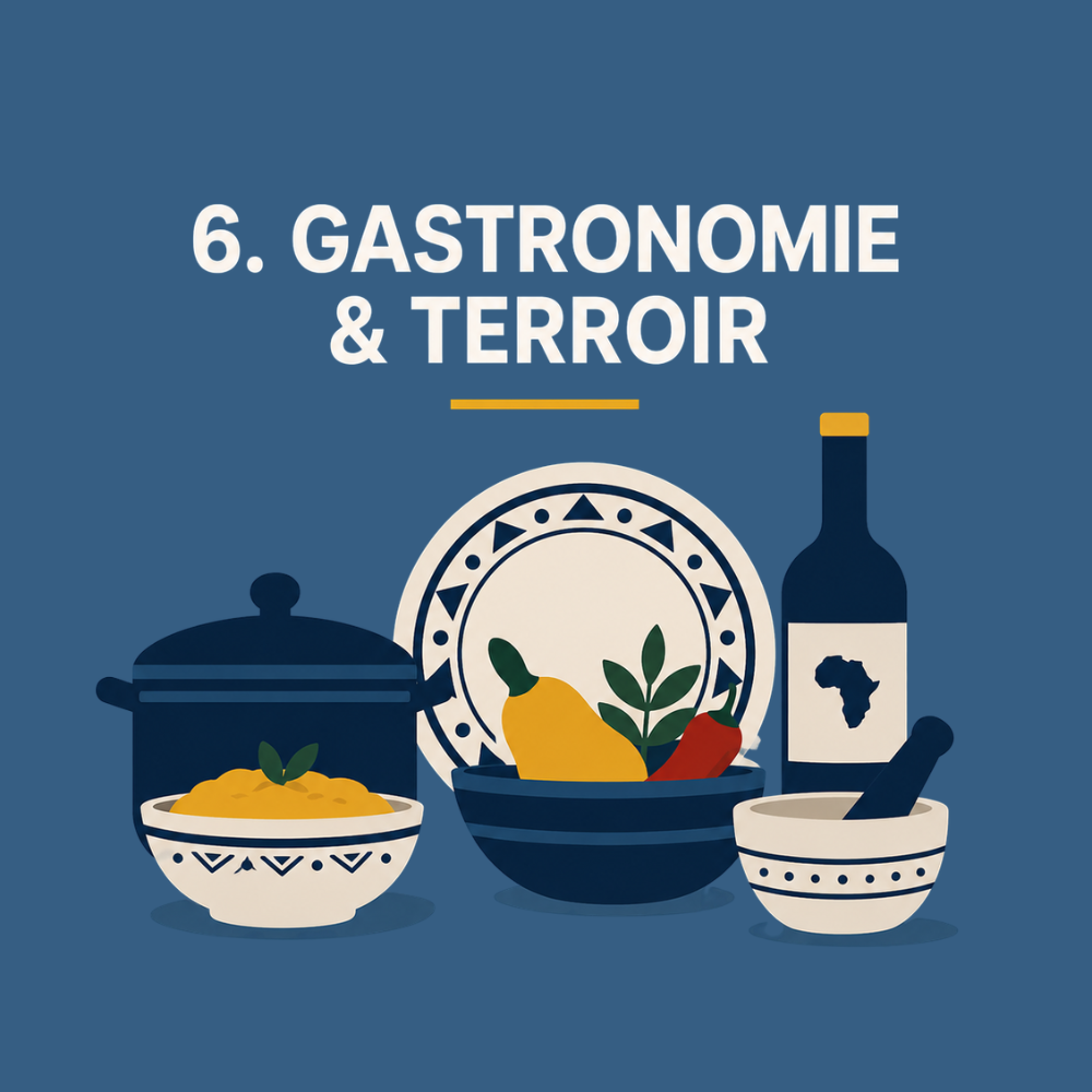 Illustration stylisée de plats traditionnels africains, avec un pot, un bol de nourriture, une assiette, une bouteille de vin avec le drapeau de l'Afrique, et un mortier avec un pilon, sur fond bleu.