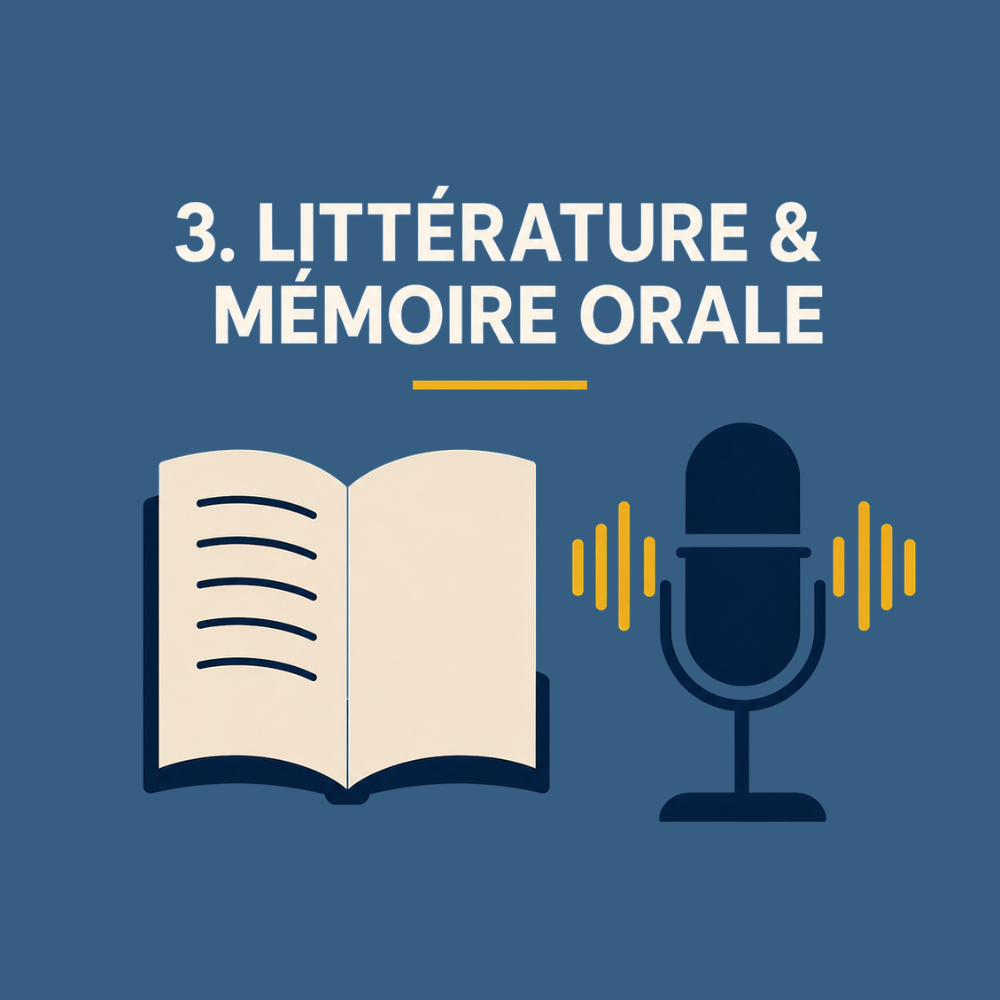 Capture d'écran d'une présentation avec le titre '3. Littérature & Mémoire Orale', illustrée par une image d'un livre ouvert et d'un microphone.