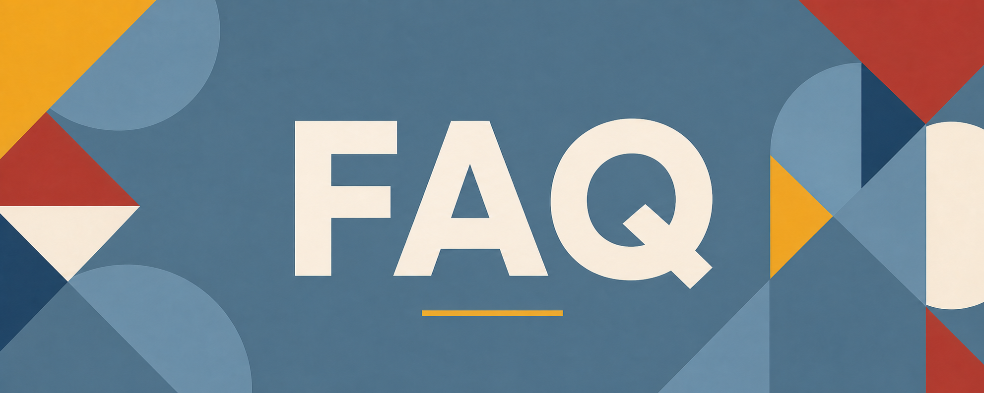 Une image avec le texte « FAQ » au centre, dans un arrière-plan coloré avec des formes géométriques comme des cercles, triangles et rectangles dans des teintes de bleu, rouge, jaune et blanc.