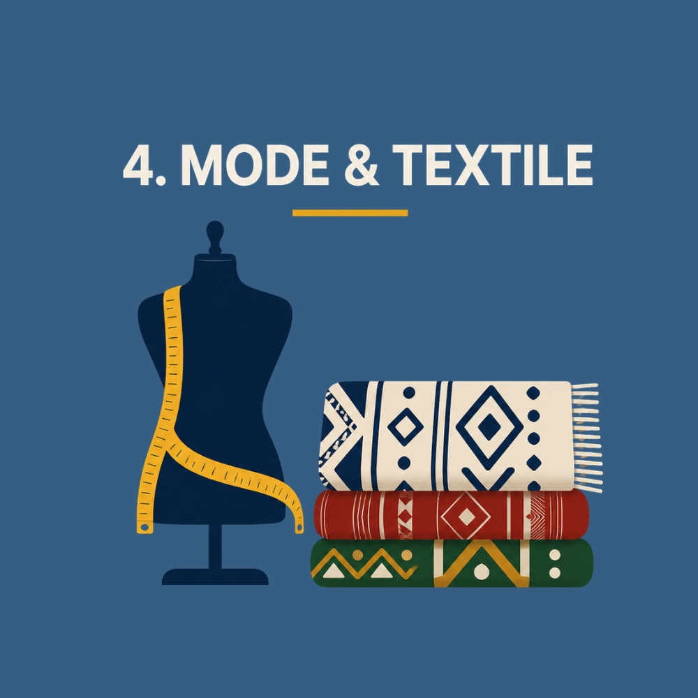 Illustration d'un mannequin avec un ruban à mesurer jaune, de nombreuses étoffes avec des motifs géométriques colorés, et le texte '4. Mode & Textile' sur un fond bleu.