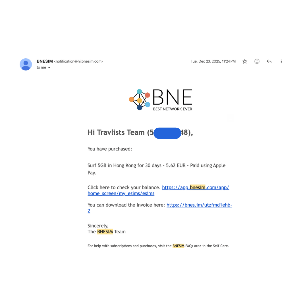 BNESIM purchase confirmation email showing 5GB Hong Kong 30-day plan purchased for 5.62 EUR via Apple Pay