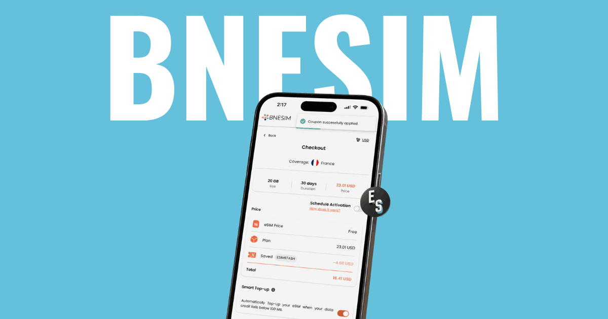 BNESIM checkout with ESIMSTASH promo code applied