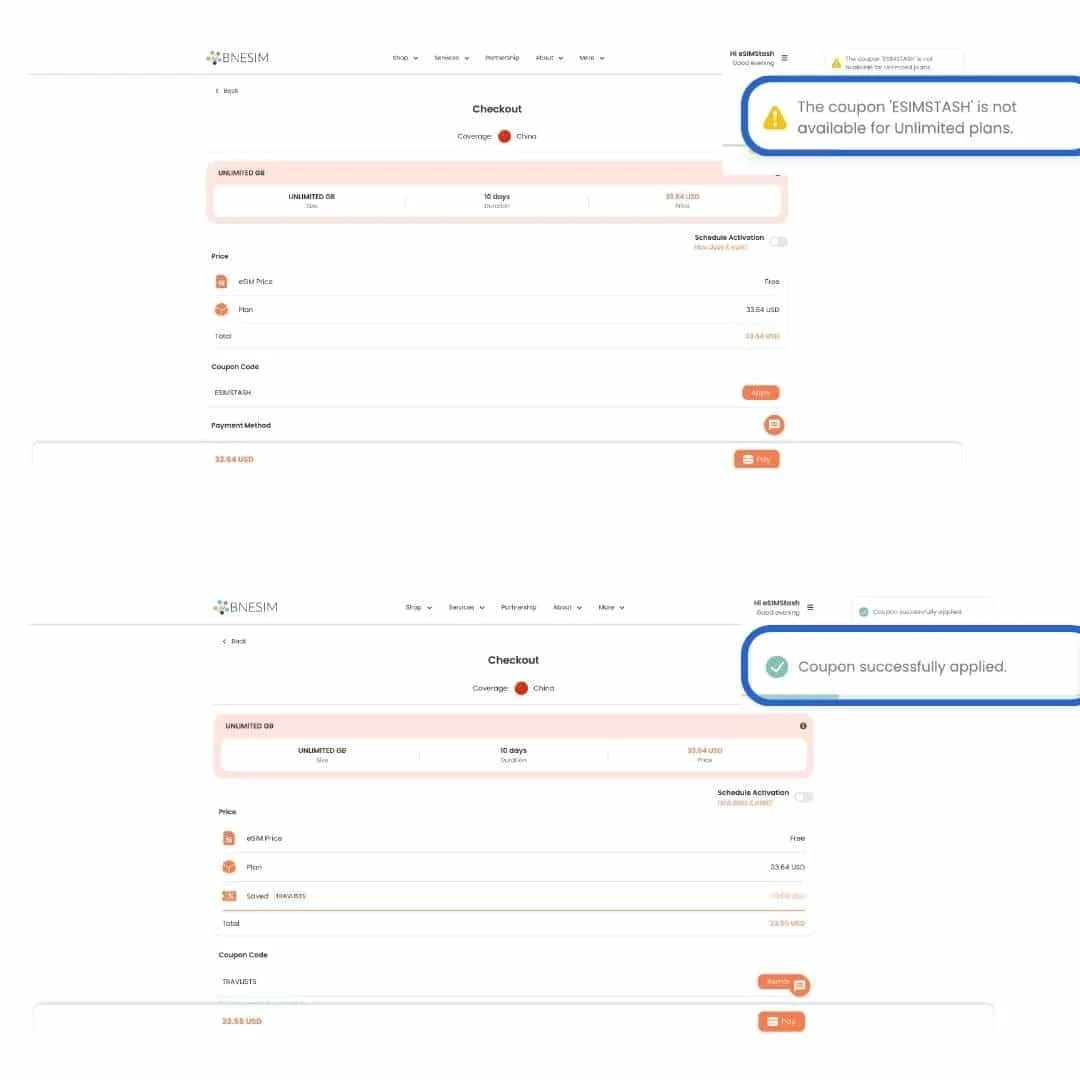 BNESIM checkout showing ESIMSTASH rejected on an unlimited plan and TRAVLISTS successfully applied with coupon confirmed