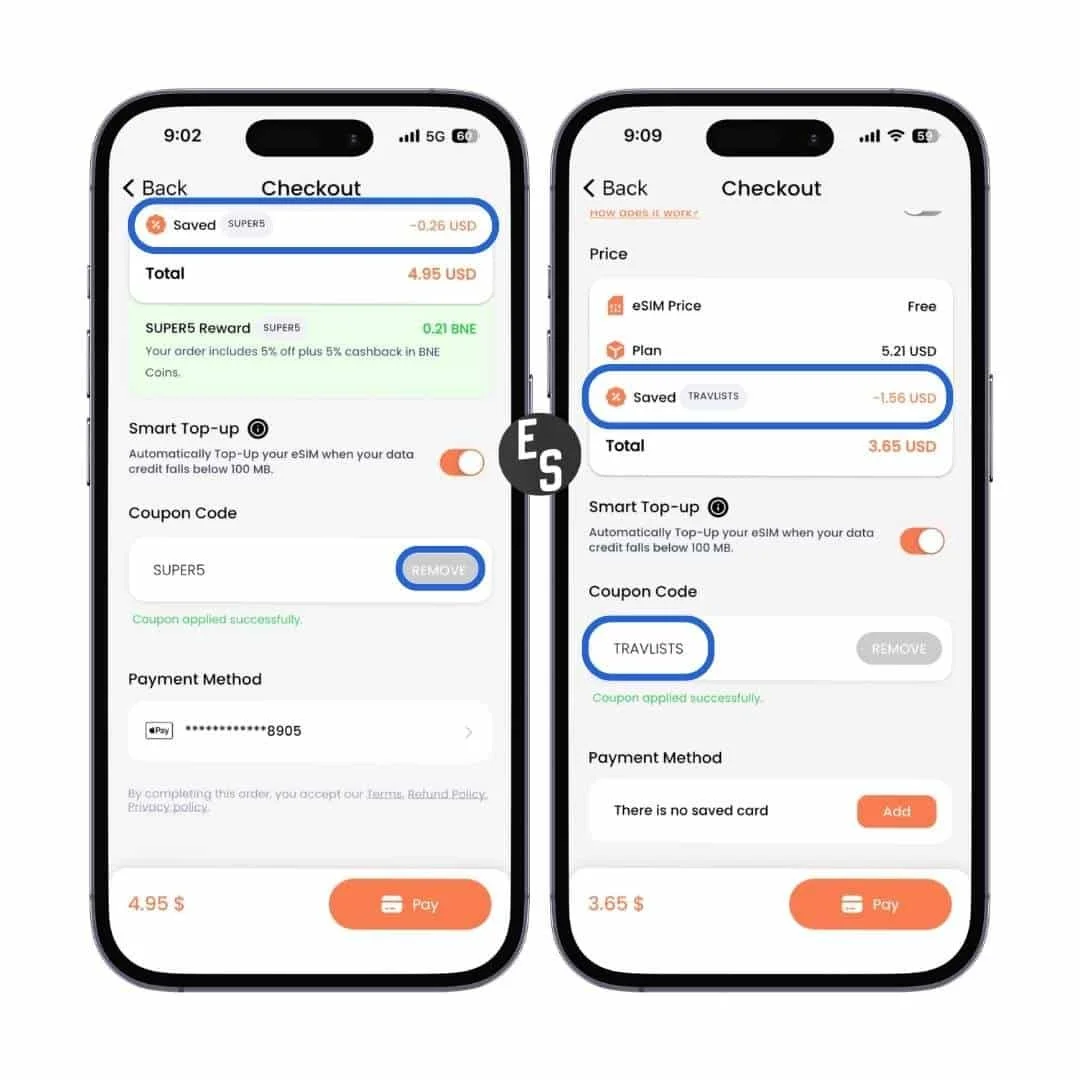 BNESIM checkout comparison showing SUPER5 saving $0.26 versus TRAVLISTS saving $1.56 on a 5GB Hong Kong plan