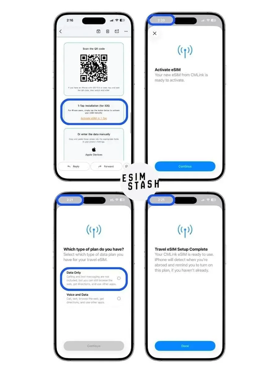 Yesim eSIM installation steps on iPhone 15 Pro —  activation email, eSIM setup screens, and Travel  eSIM Setup Complete confirmation in Seoul, South Korea