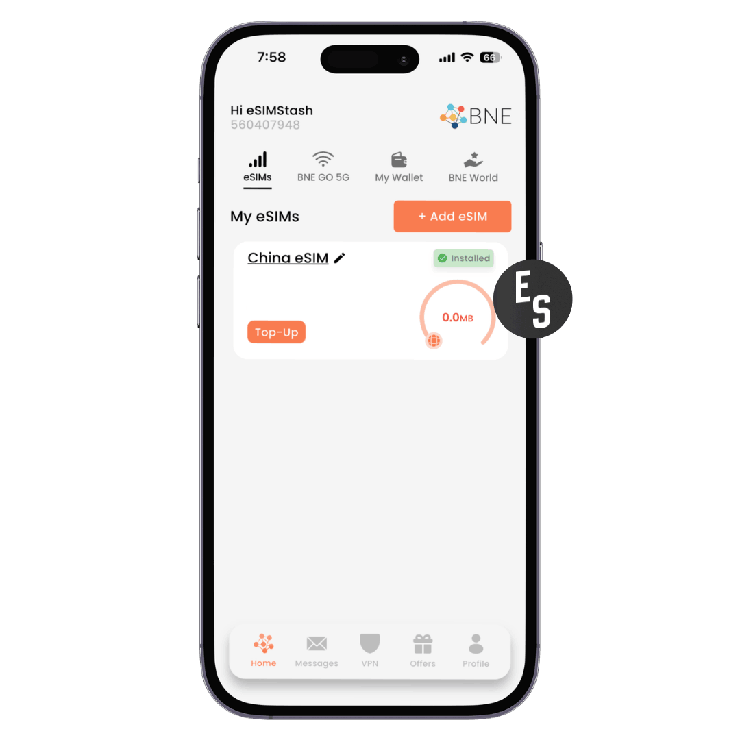 BNESIM app showing an installed China eSIM on the eSIMStash account with top-up option visible