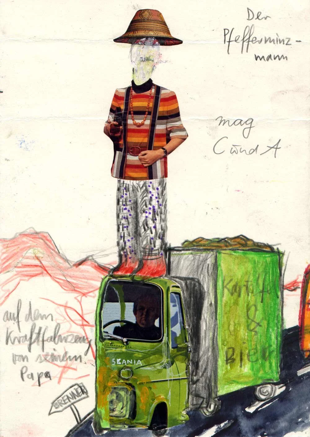 The peppermint man likes C&A on his father's motor vehicle|1998|Mixed media on paper|21 x 29,7 cm|Vienna