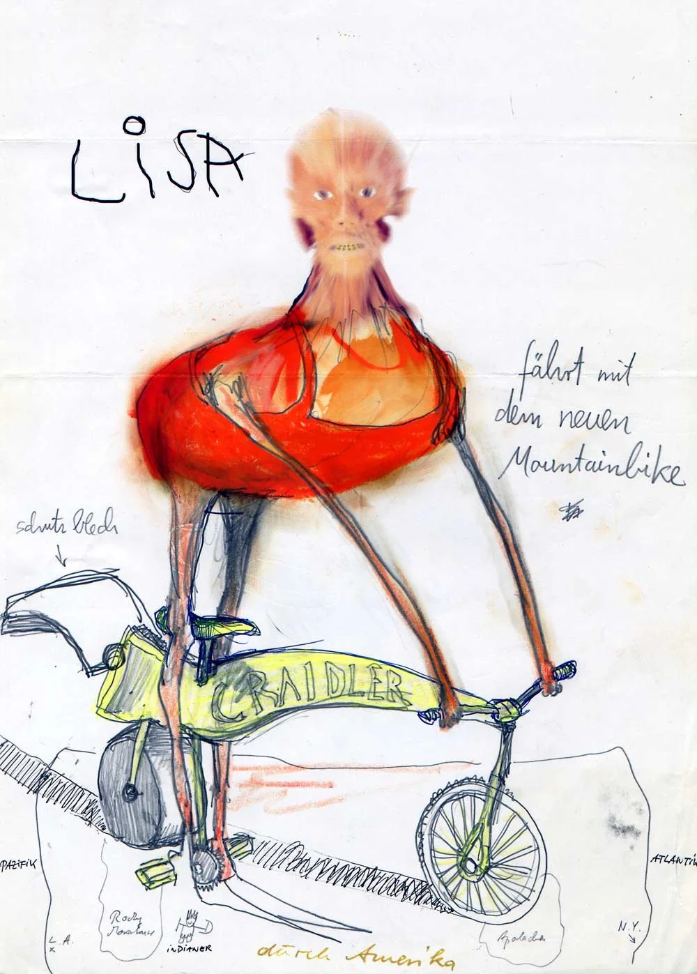 Lisa rides the new mountain bike across America|2000|Mixed media on Paper|29,7 x 21 cm