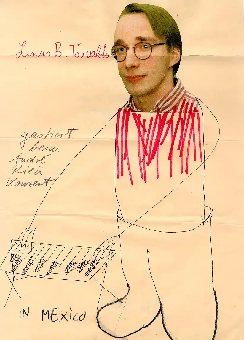 Linus B. Torvalds Makes a Guest Appearance at an André Rieu Concert in Mexico|2000|Mixed media on paper|29,7 x 21 cm