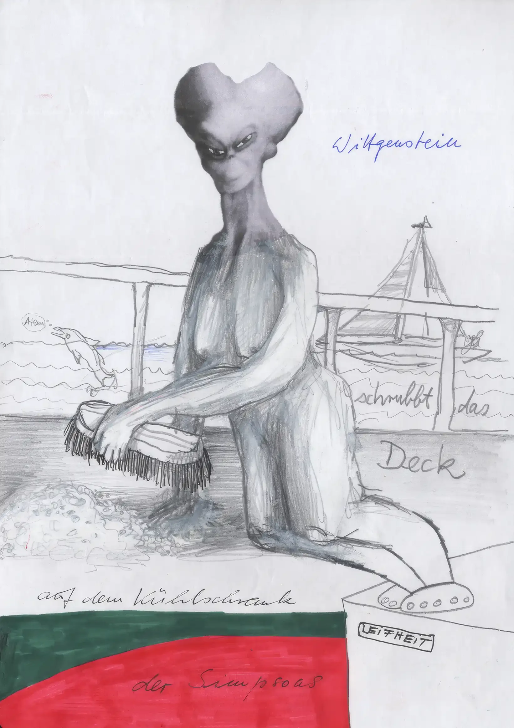 Wittgenstein scrubs the deck atop the Simpsons’ refrigerator|1998|Mixed media on paper|29,7 x 21 cm