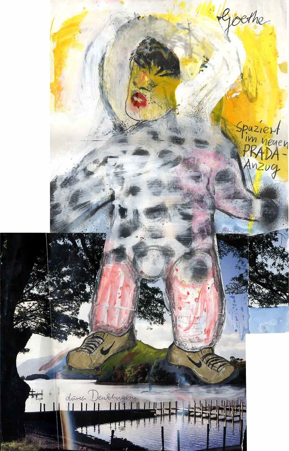 Goethe walks through Denklingen in a new Prada uit|2002|Mixed media on paper|45 x 25 cm