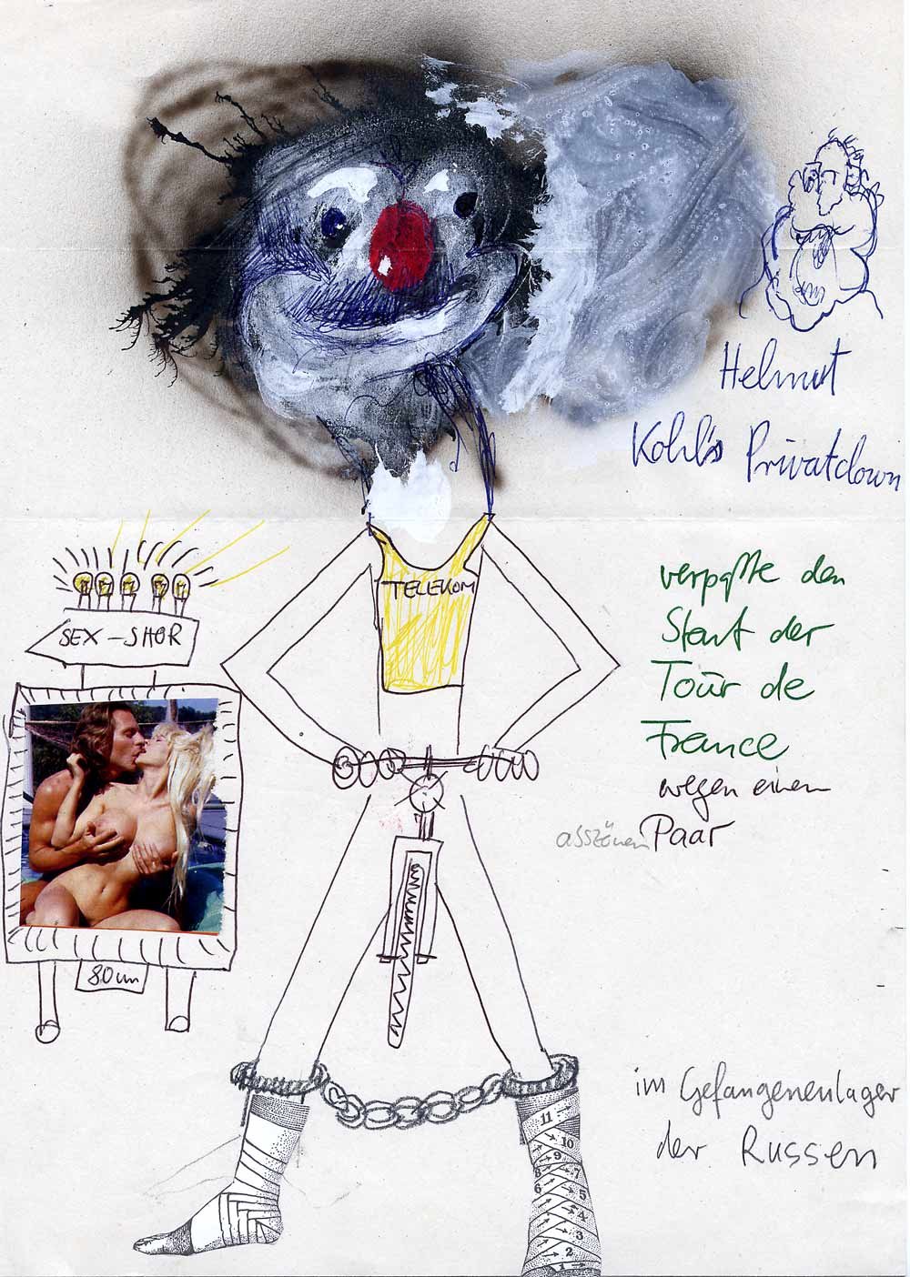 Helmut Kohl’s Private Clown Missed the Start of the Tour de France Due to an Obscene Couple in a Russian Prisoner-of-War Camp|1998|Mixed media on Paper|29,7 x 21 cm