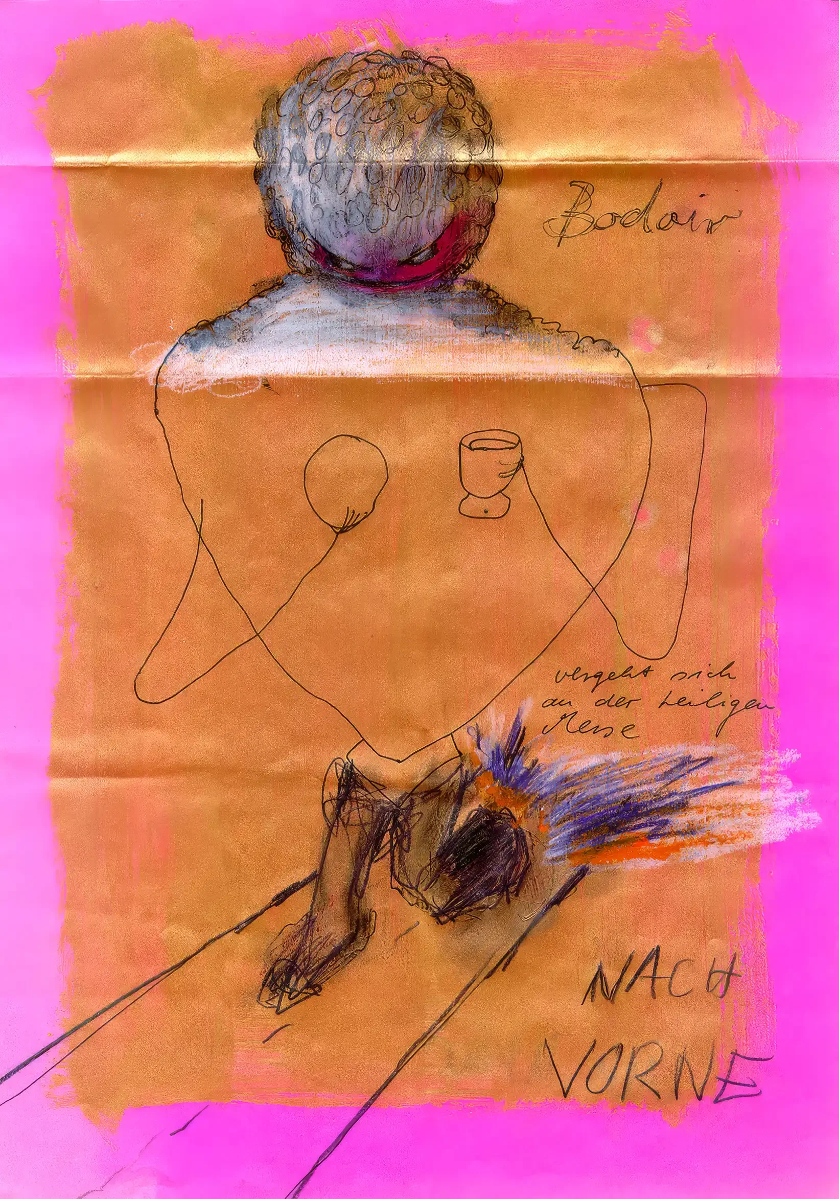 Bodoir makes his way forward, transgressing the Holy Mass|2000|Mixed media on paper|29,7 x 21 cm