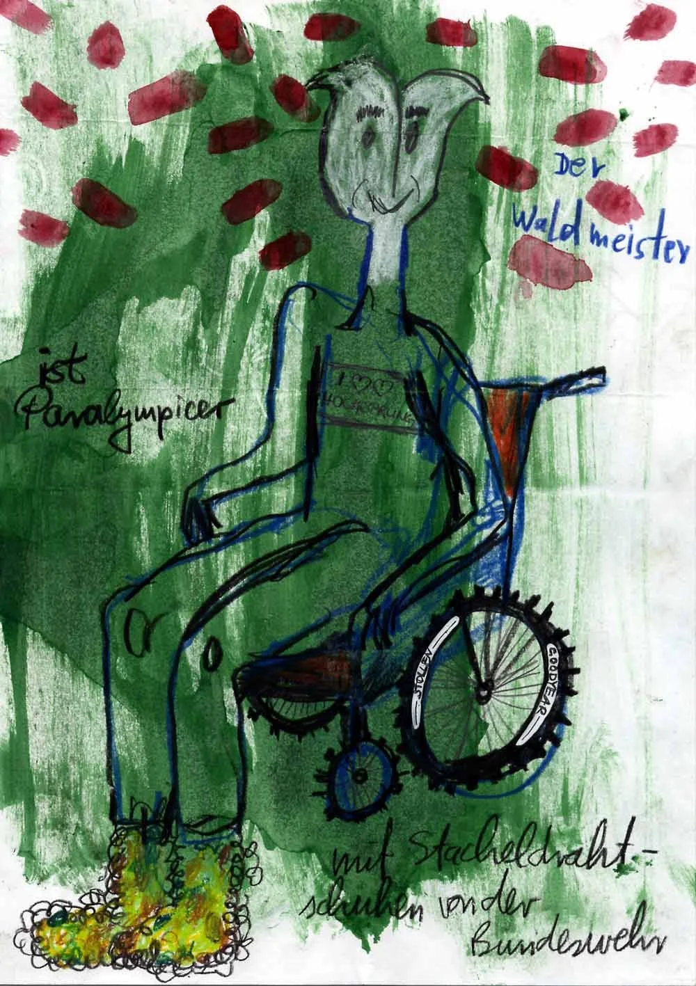 The Woodruff Is a Paralympian on Barbed-Wire Shoes from the Bundeswehr|2000|Mixed media on Paper|29,7 x 21 cm