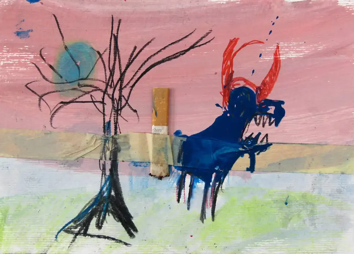 The Lament of the Blue Boar|1997|Mixed media and cigarette on paper|14,8 x 21 cm