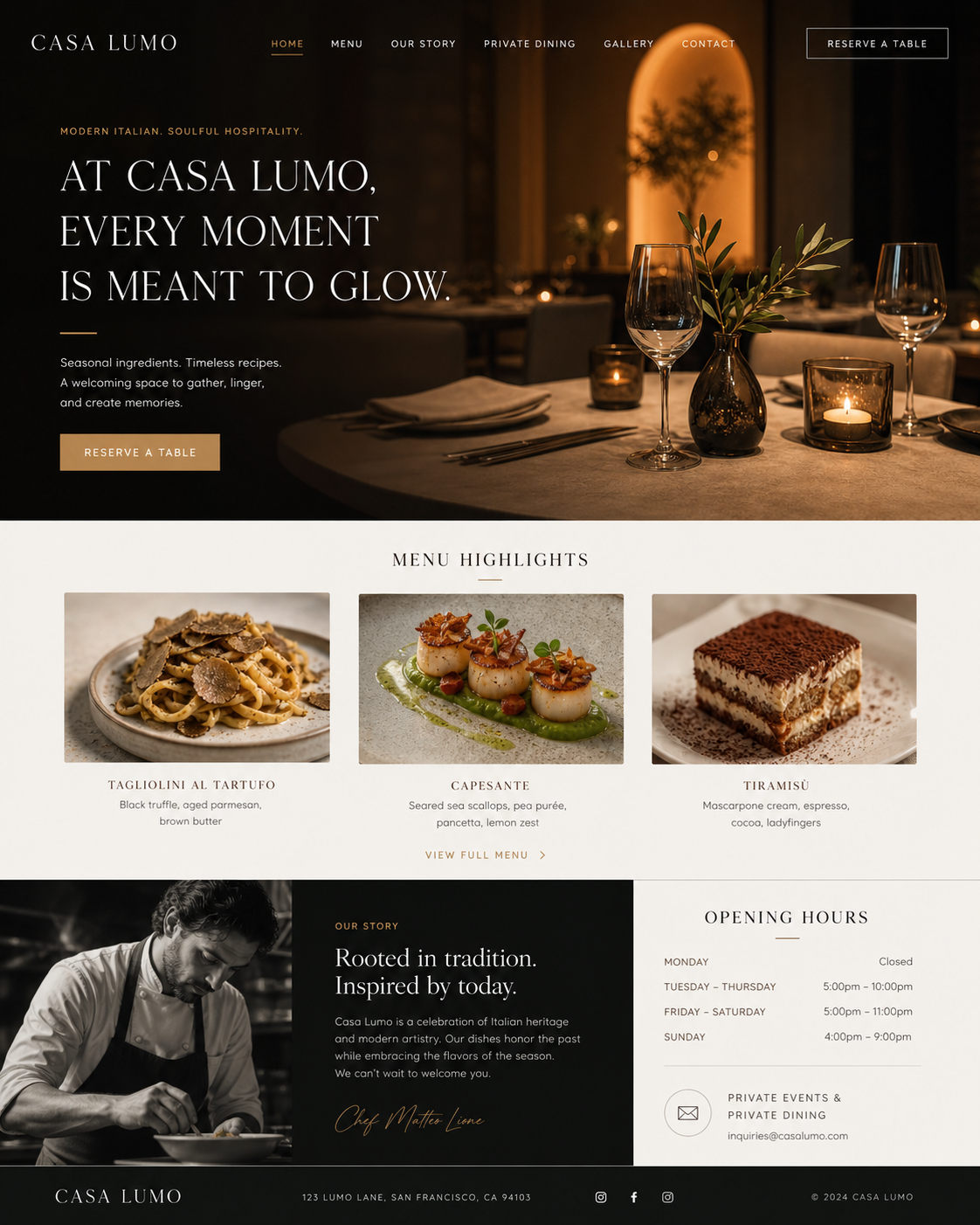 Homepage of Casa Lumo restaurant featuring a dining room with a table set with wine glasses, a vase with greenery, and candles, along with images and descriptions of Italian dishes such as Tagliolini al Tartufo, Capesante, and Tiramisu.