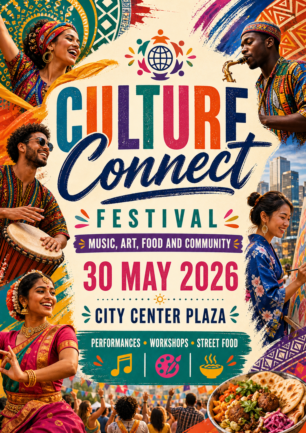 Colorful festival poster featuring diverse people in traditional attire, with music, art, food, and community themes. The poster promotes the 'Culture Connect Festival' on May 30, 2026, at City Center Plaza, with performances, workshops, street food, and vibrant cultural decorations.