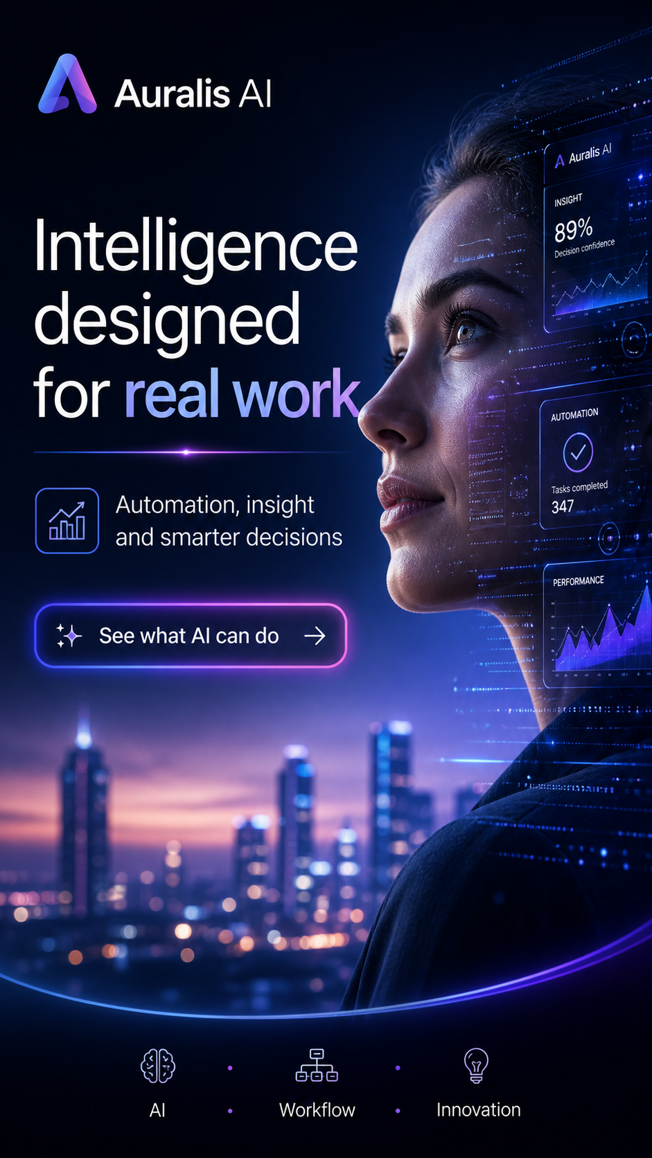 A promotional poster for Auralis AI featuring a woman's face with digital data overlays, highlighting AI's role in automation, insight, and smarter decision-making for real work.