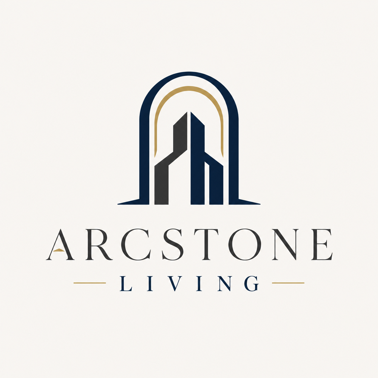 Logo with stylized building and arch, and the text 'Arcastone Living' underneath.