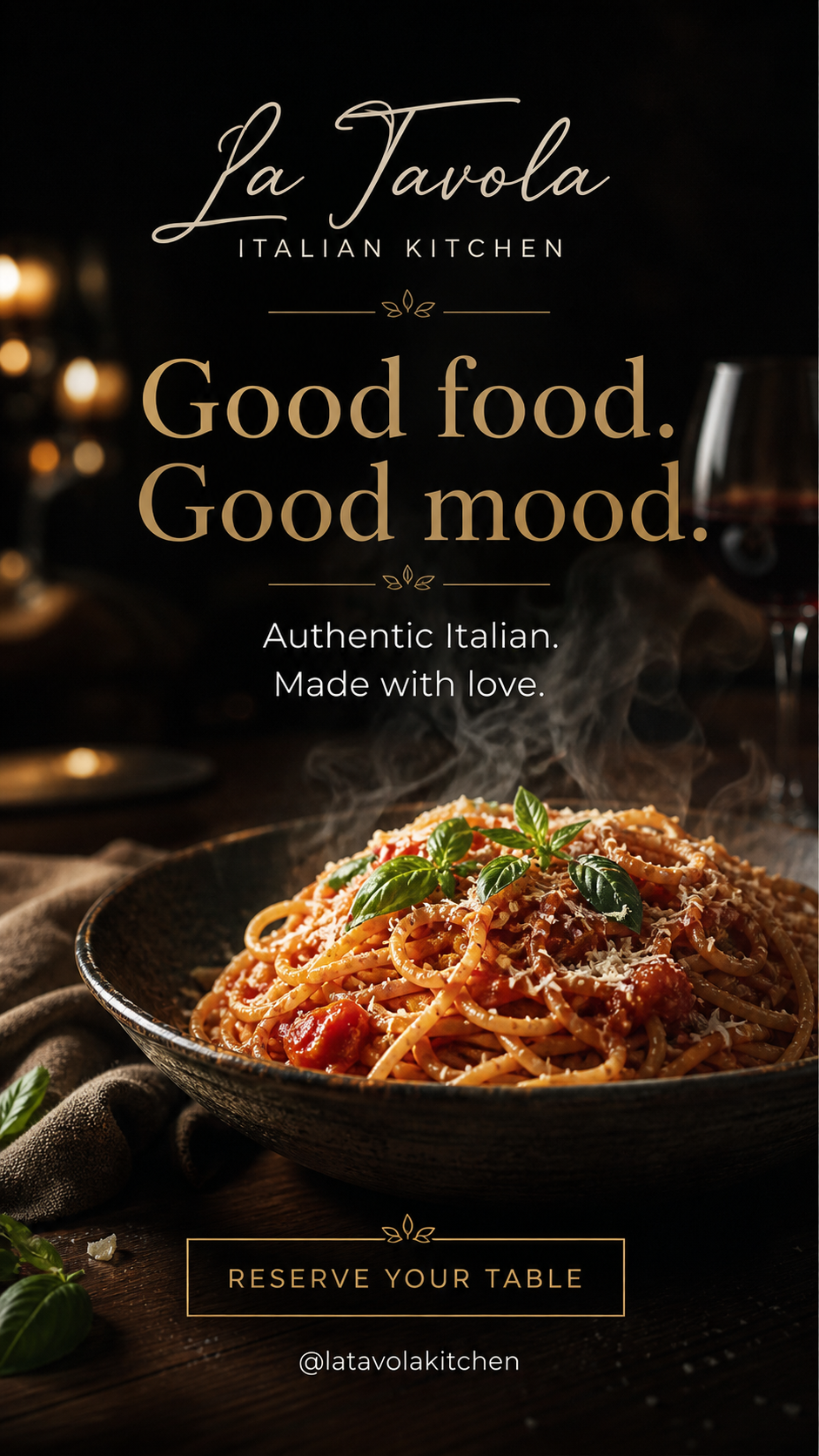 A bowl of steaming spaghetti with tomato sauce, topped with fresh basil leaves, on a wooden table, with a glass of red wine in the background.