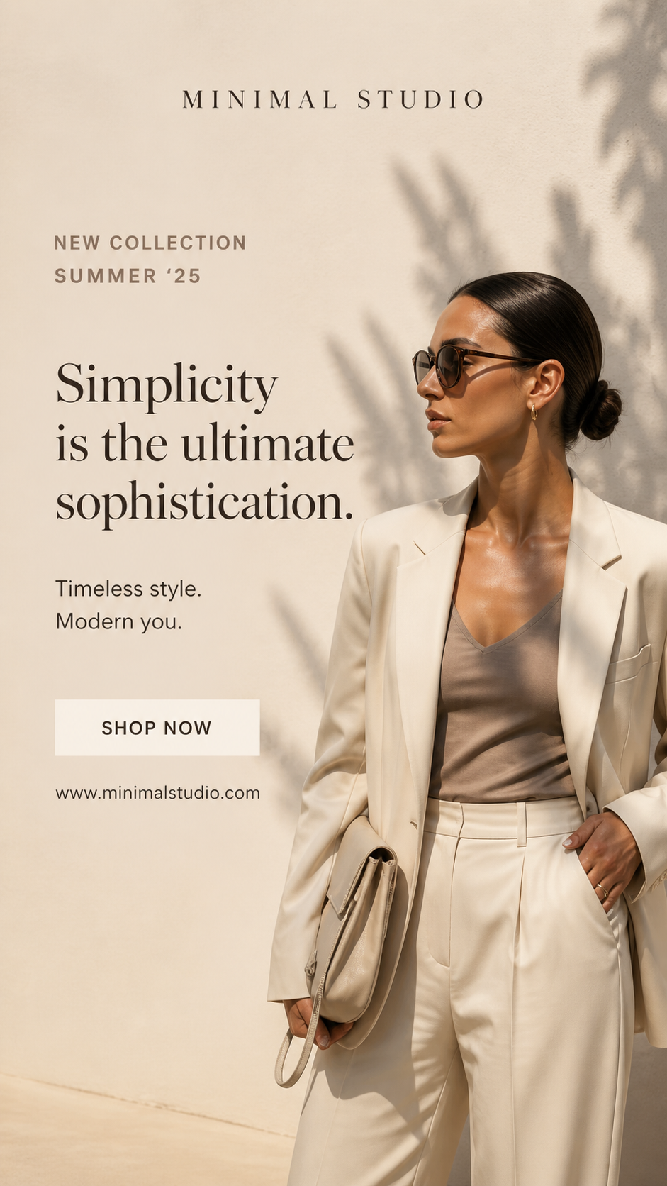 An advertisement for Minimal Studio's summer '25 collection featuring a woman dressed in beige business attire with sunglasses, standing against a shadowy background with text promoting the brand and collection.