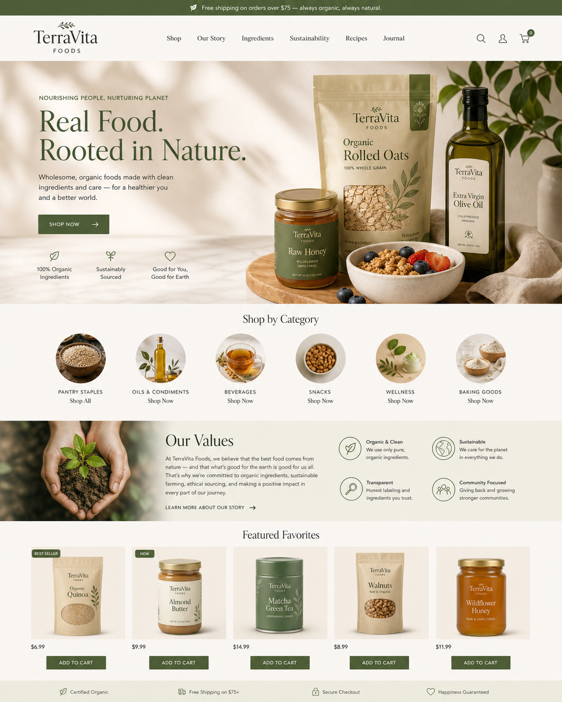 Screenshot of TerraVita Foods website homepage showcasing organic food products, categories, values, and featured items.