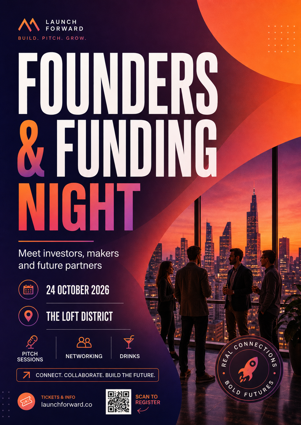 Flyer for Launch Forward's Founders & Funding Night event, featuring a city skyline at sunset, with four people networking on a balcony. Event details include date October 24, 2026, at The Loft District, with activities like pitch sessions, networking, and drinks. The flyer emphasizes connecting, collaborating, and building the future.