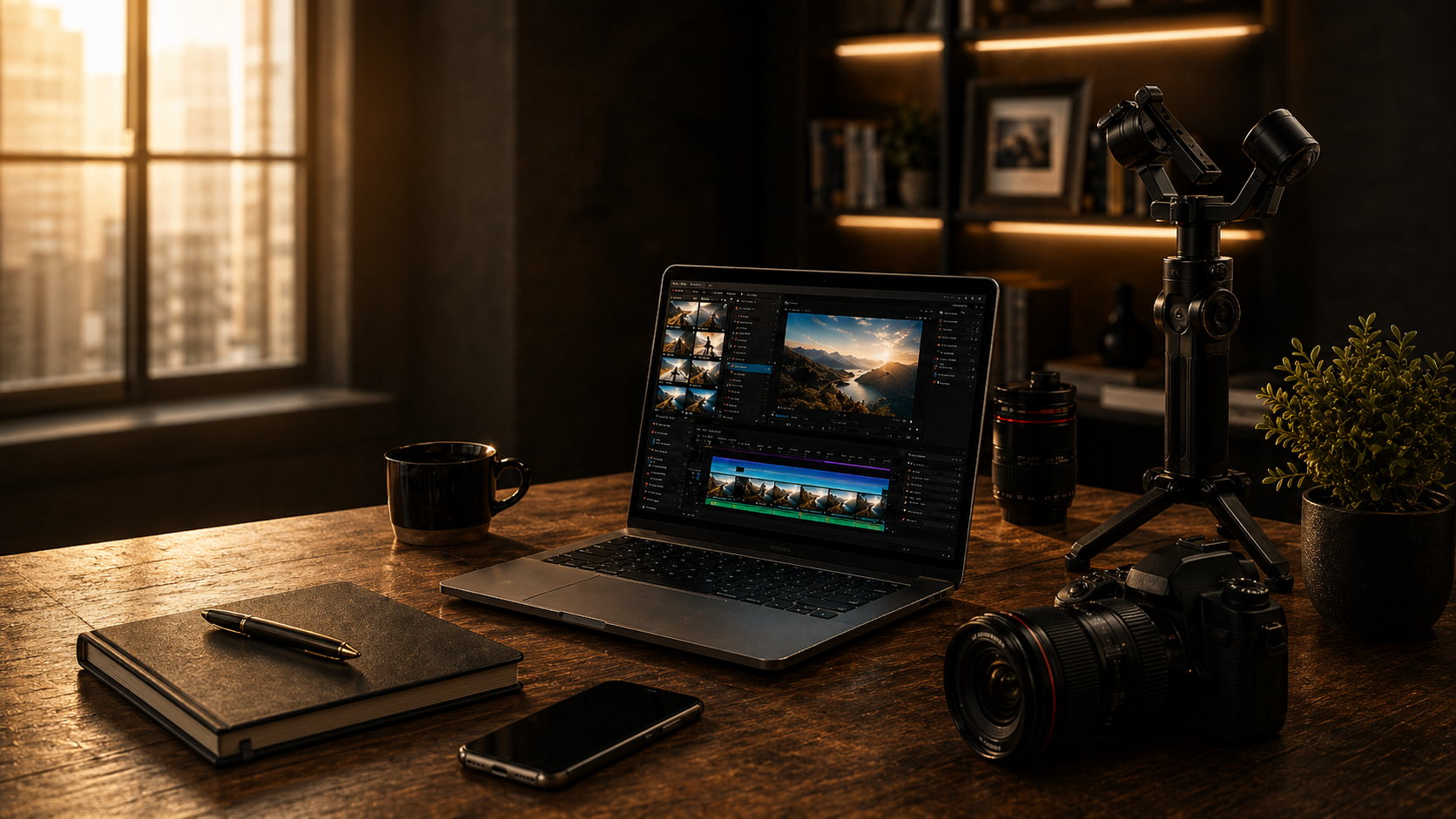 Photography editing workspace with a laptop displaying landscape photos and video editing timeline, a camera, lenses, a tripod, a notebook with pen, smartphone, mug, and a plant on a wooden table, illuminated by warm sunlight from a window.
