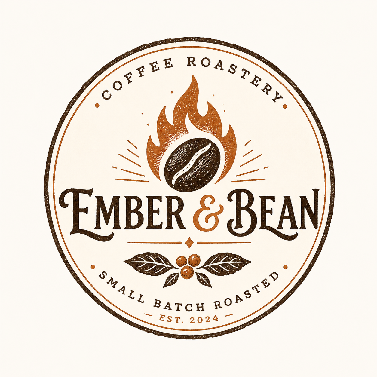 Coffee roastery logo with a burning coffee bean and leaves, text 'Ember & Bean', small batch roasted, established 2024.