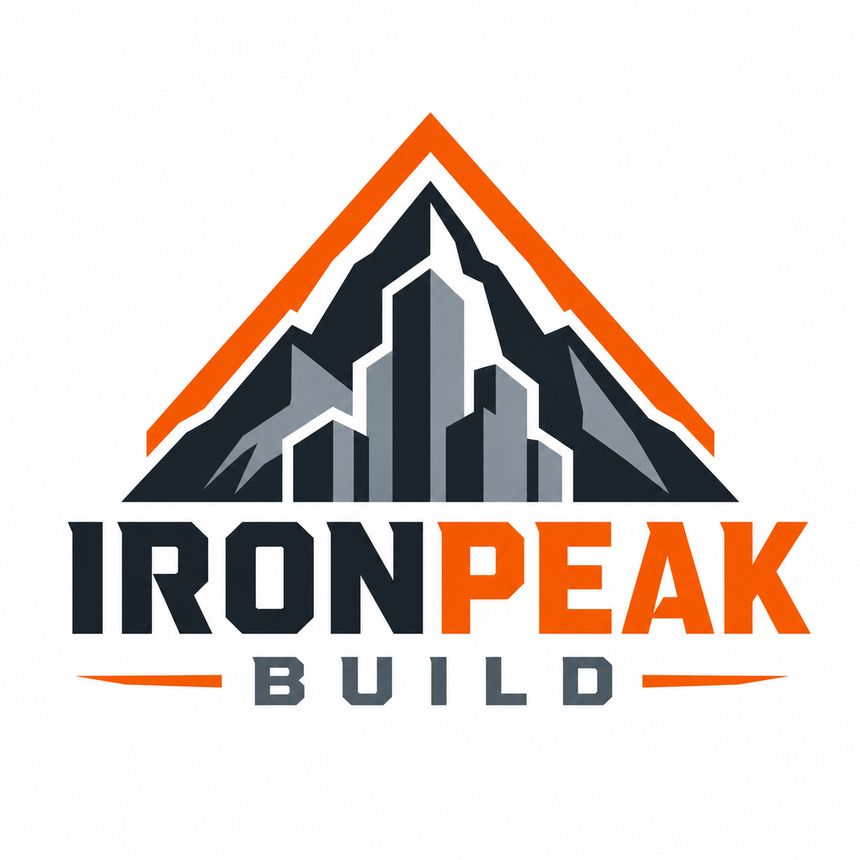 Logo for Iron Peak Build featuring stylized mountain peaks in black, gray, and orange with the text 'IRONPEAK' in bold black and orange letters and 'BUILD' beneath.