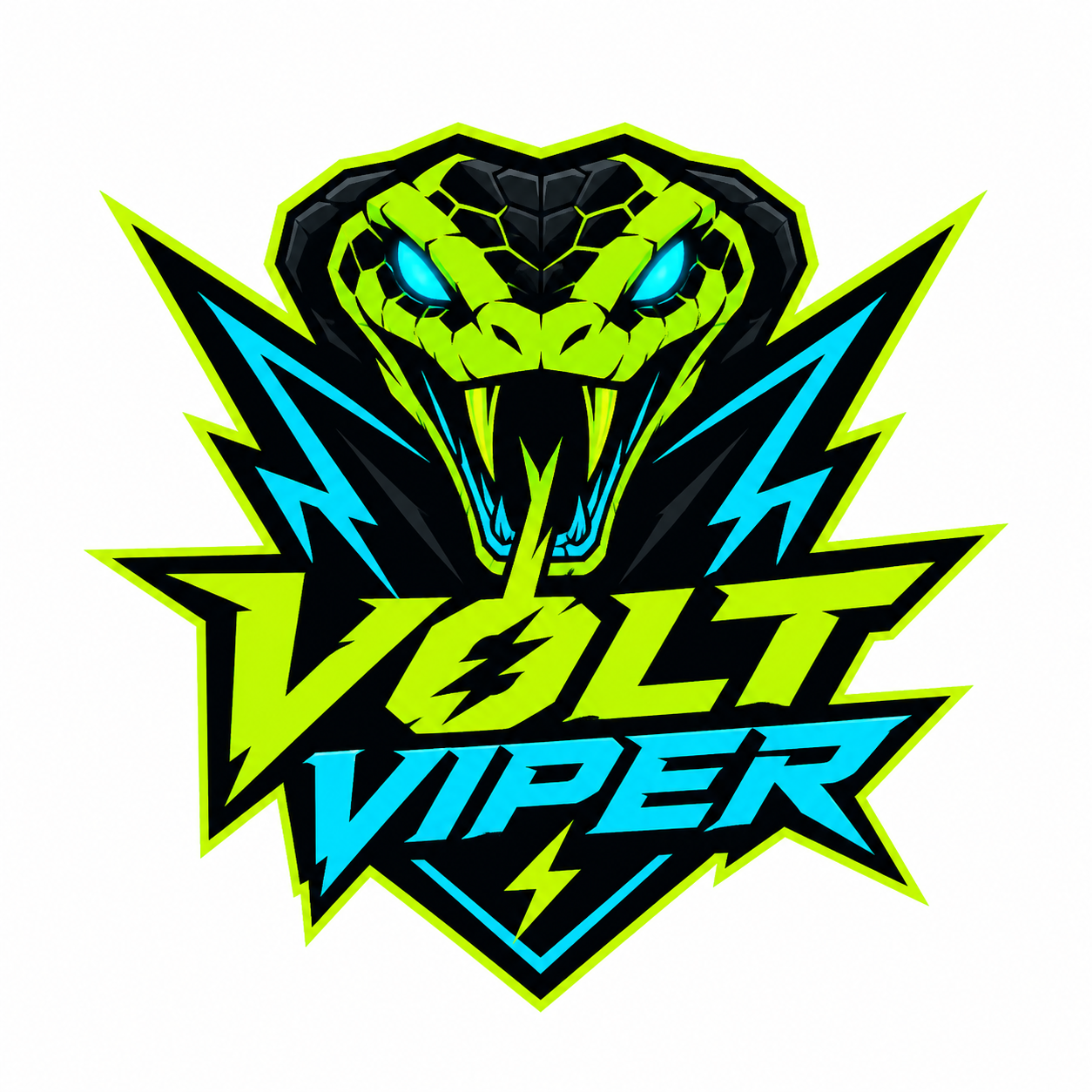 A vibrant graphic of a snake with glowing blue eyes and open mouth with fangs, with the words "Volt Viper" in bold, stylized lettering underneath, surrounded by lightning bolts.