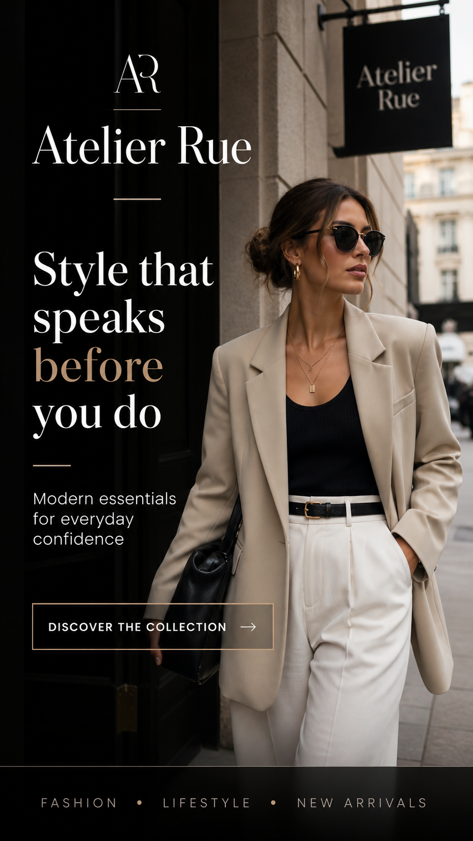 Fashion advertisement featuring a stylish woman in a beige blazer and white pants, standing on a city street. The text promotes modern fashion essentials for confidence, with a call to action to discover the collection.