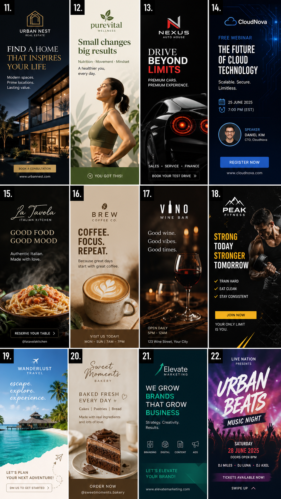A collage of various promotional images for real estate, wellness, automotive, cloud technology, Italian cuisine, coffee, wine, fitness, travel, bakery, marketing, and a music event.