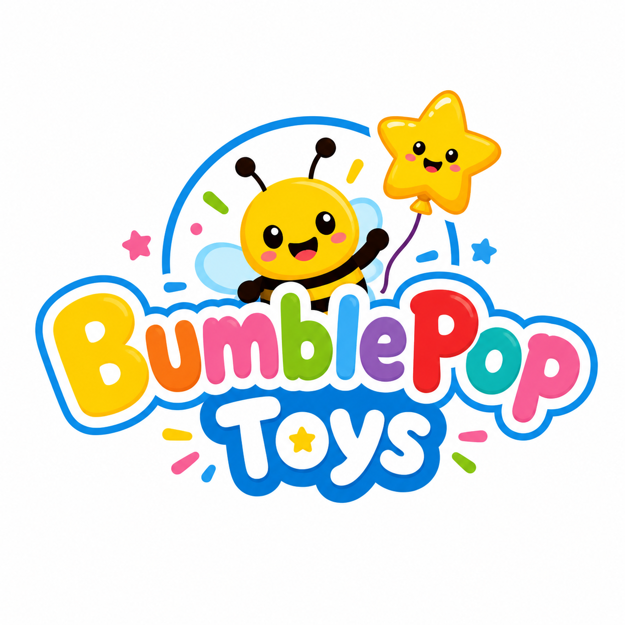 Colorful logo for BumblePOP Toys featuring a cute cartoon bee holding a star-shaped balloon, with the brand name in multicolored letters and playful decorative elements.
