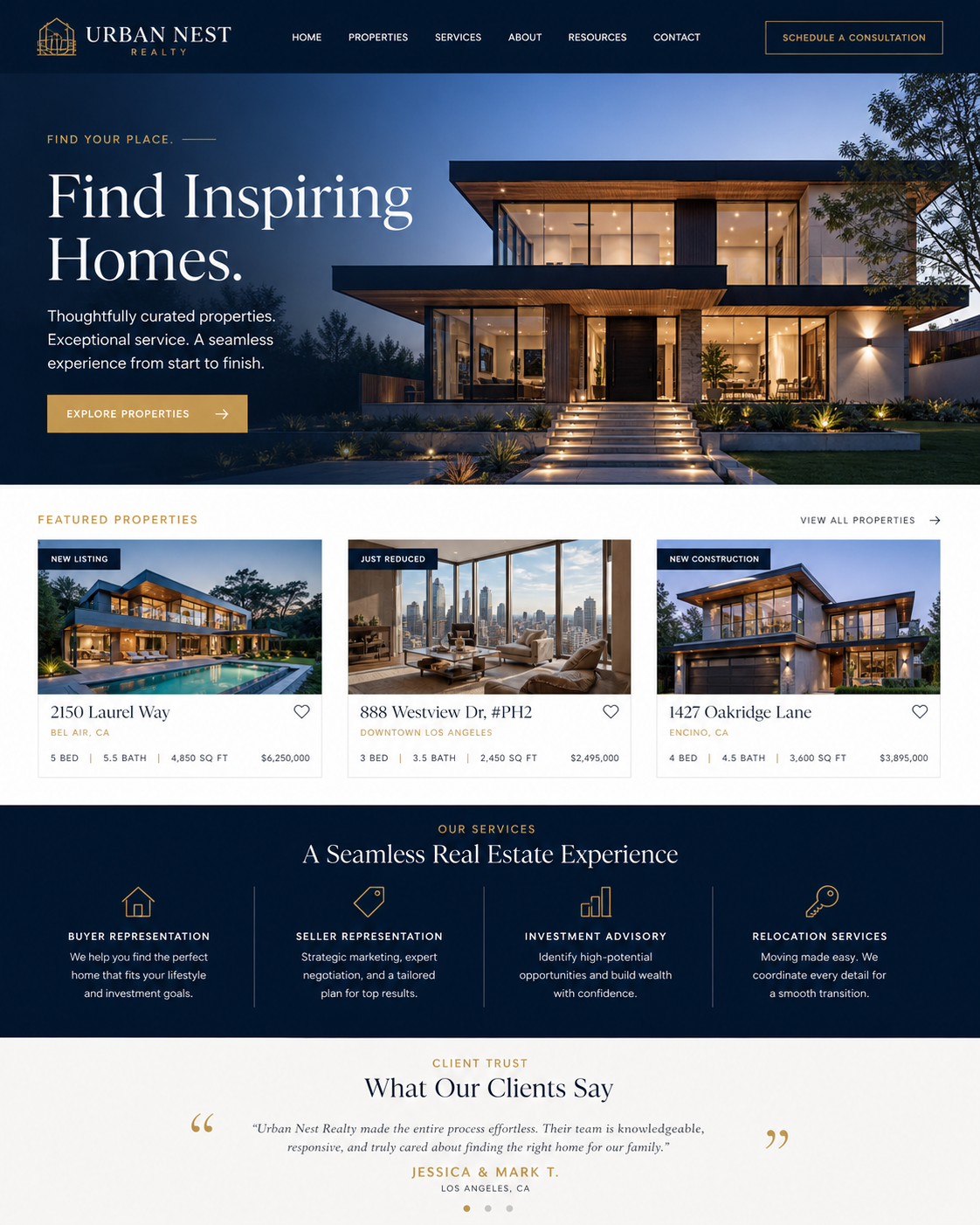 Screenshot of the Urban Nest Realty website homepage featuring a modern house with large glass windows, illuminated at dusk, with the headline "Find Inspiring Homes" and navigation menu at the top. Featured properties are displayed below with images, addresses, and details.