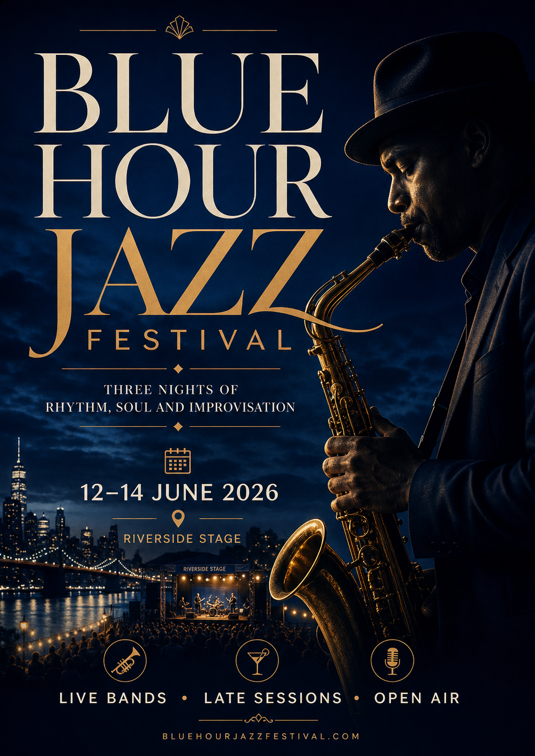 Poster for the Blue Hour Jazz Festival showcasing a man playing saxophone against a blue evening cityscape background, with the event details, dates, location, and icons for live bands, late sessions, and open air.