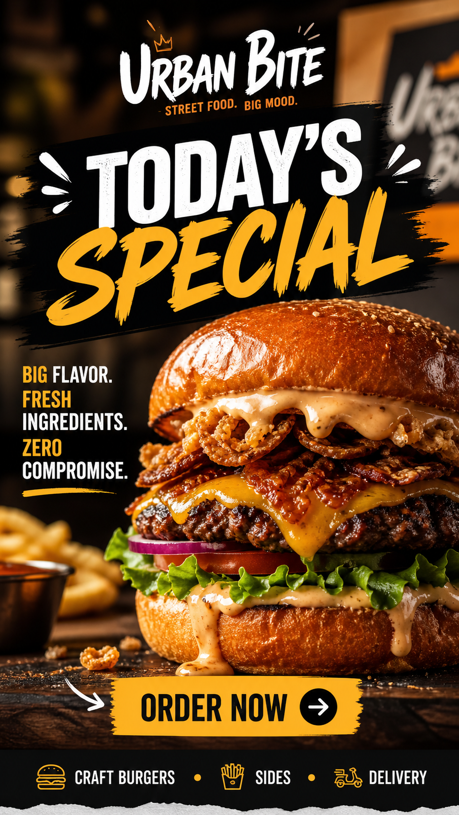 A burger with lettuce, tomato, onions, cheese, crispy bacon, and a beef patty, with text promoting a restaurant's special deal.