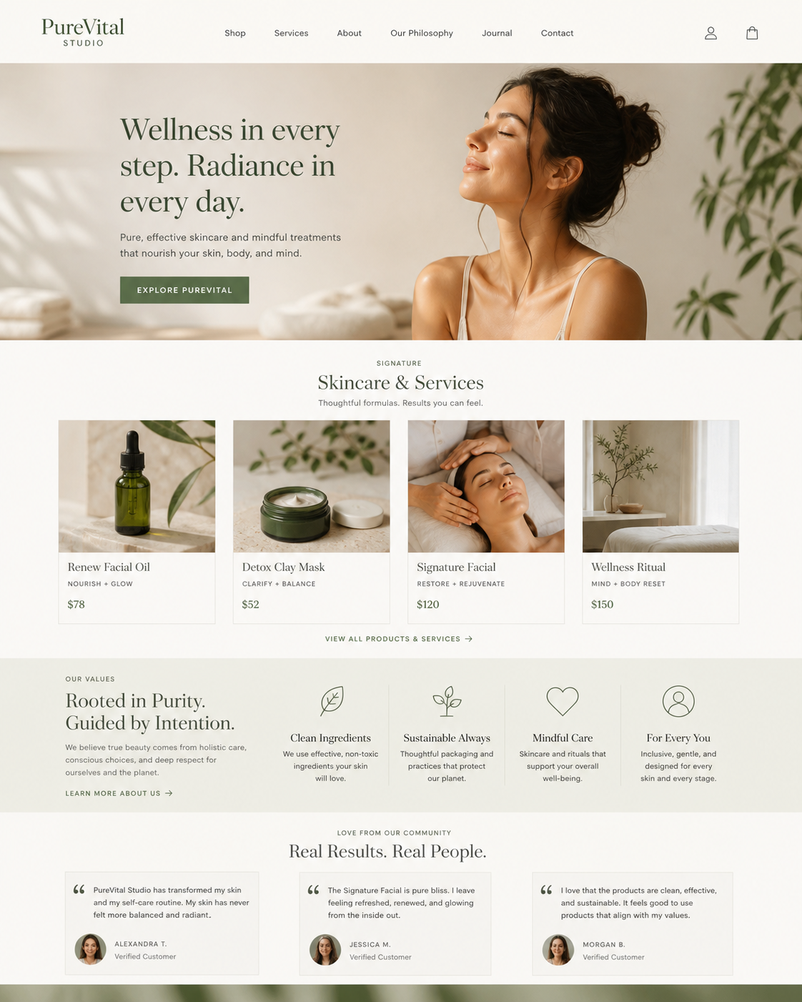 The homepage of PureVital Studio's website featuring wellness services, skincare products, and customer testimonials.