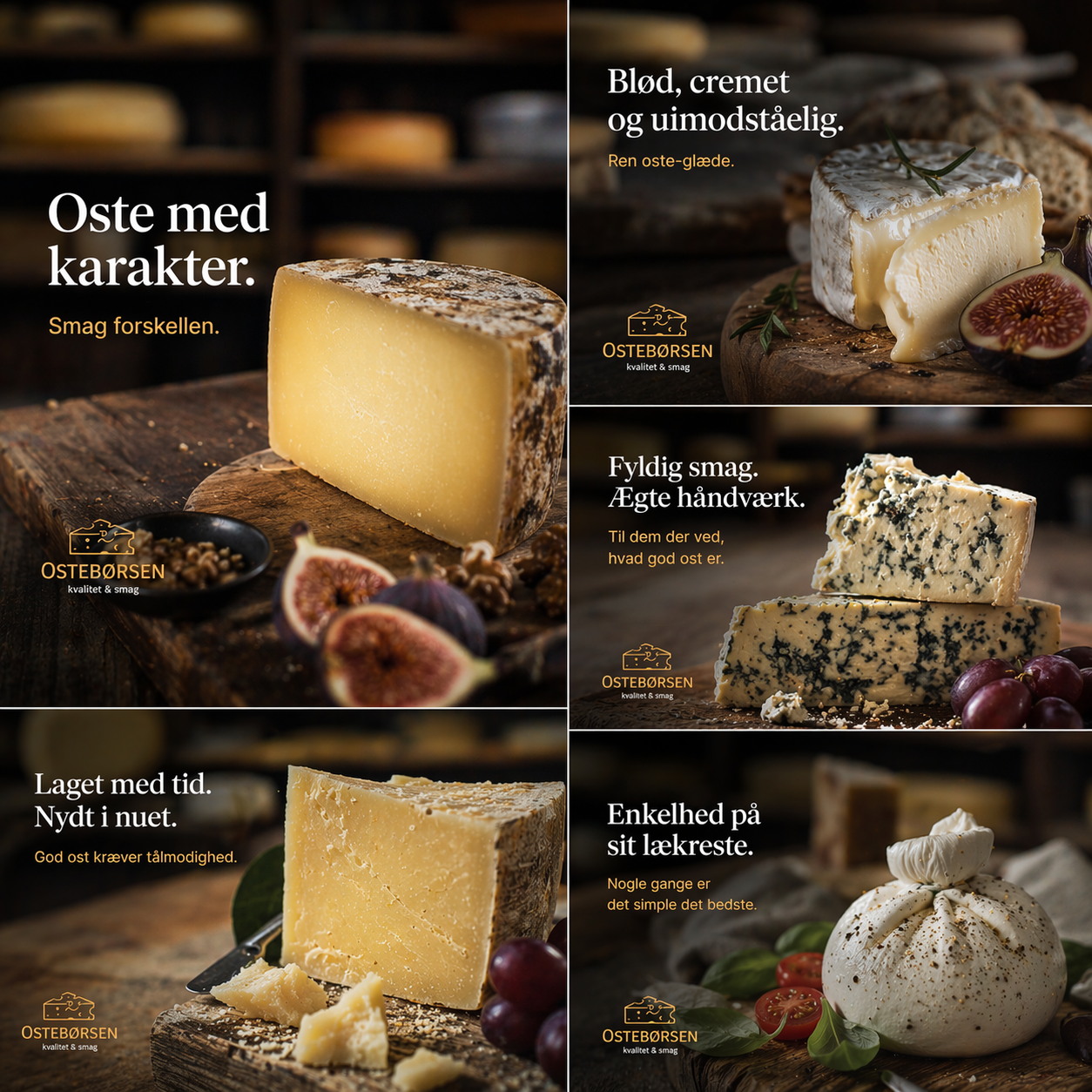 Collage of various cheeses with text in Danish. The cheeses include a semi-hard cheese, a creamy white cheese, a blue-veined cheese, and a soft cheese outdoors on wooden boards, surrounded by grapes, figs, and herbs.