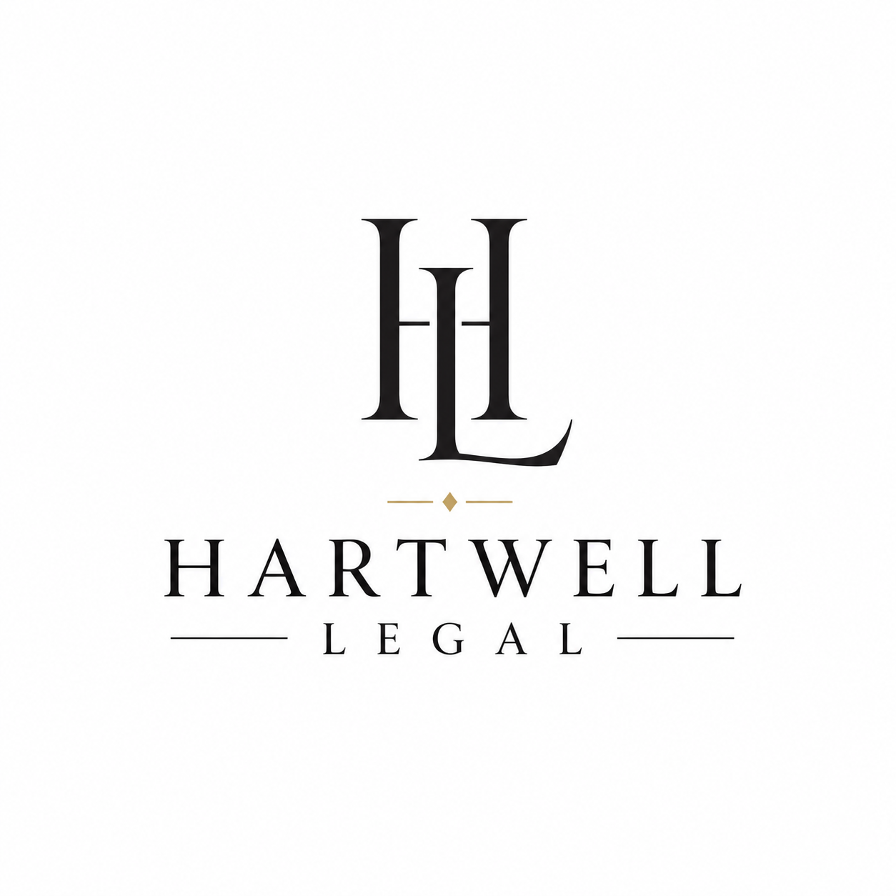 Logo for Hartwell Legal featuring a stylized monogram with the letters H and L and the company name beneath in elegant serif font.