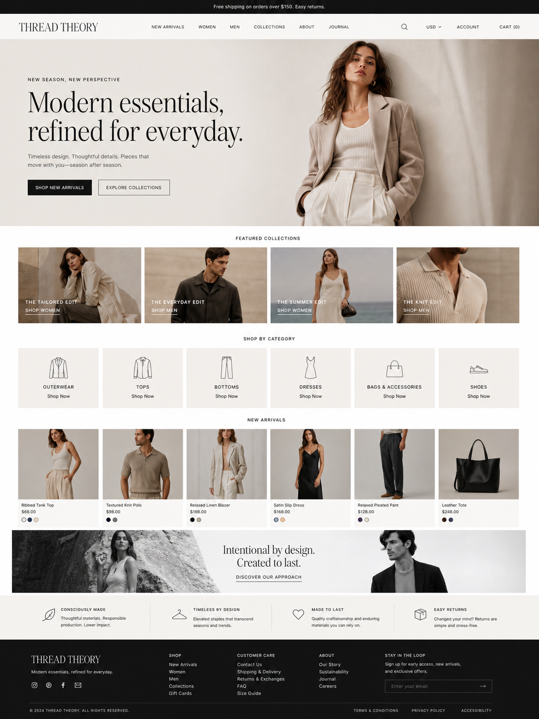 Screenshot of an online fashion store homepage featuring modern women's and men's clothing, accessories, and shoes.