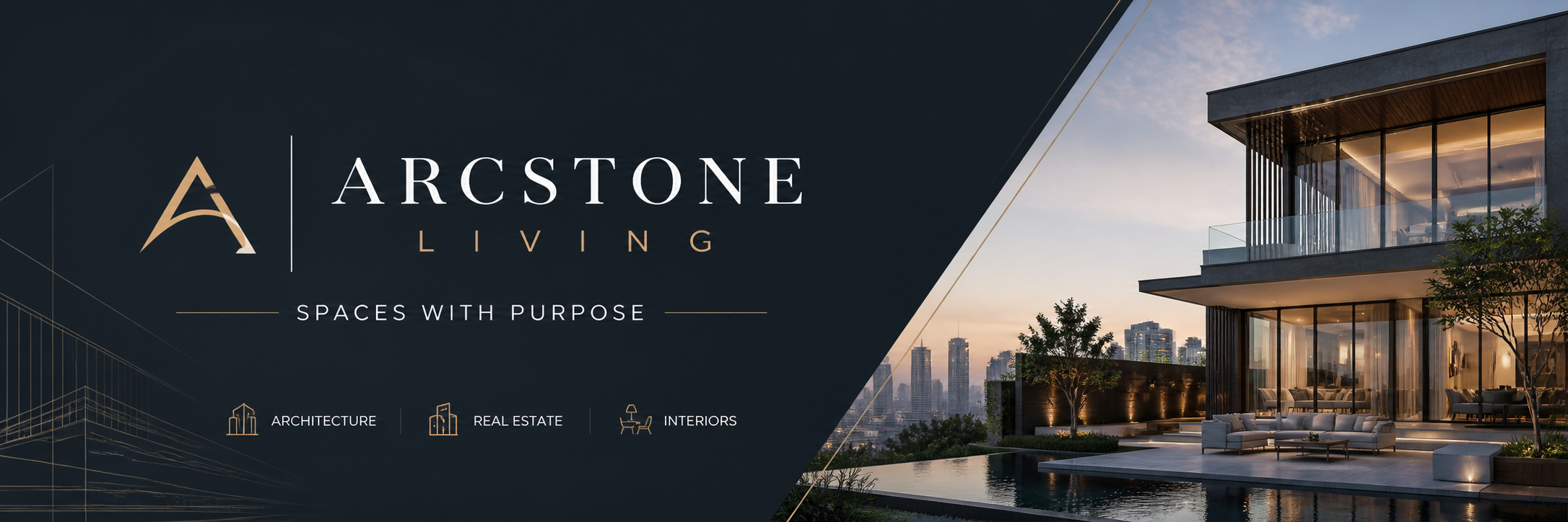 Luxury modern residential building with outdoor seating area, trees, pool, and city skyline at sunset.